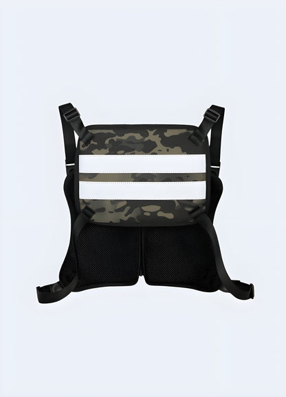 Streetwear harness camo back view, UK. Stylish and urban camouflage design.