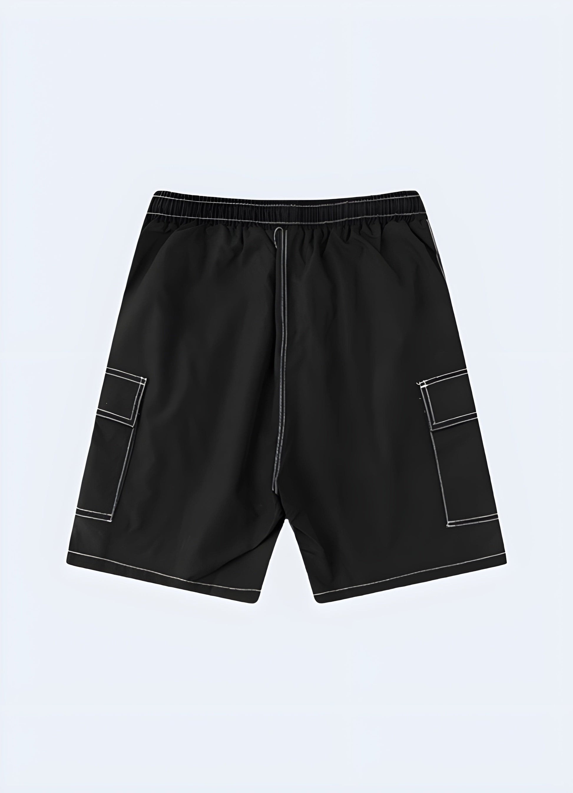 Back view of a model donning fashionable black shorts with striking white stitching, emphasizing the garment's contemporary aesthetic, premium materials, and the flawless fusion of bold accents with timeless black for a standout look.