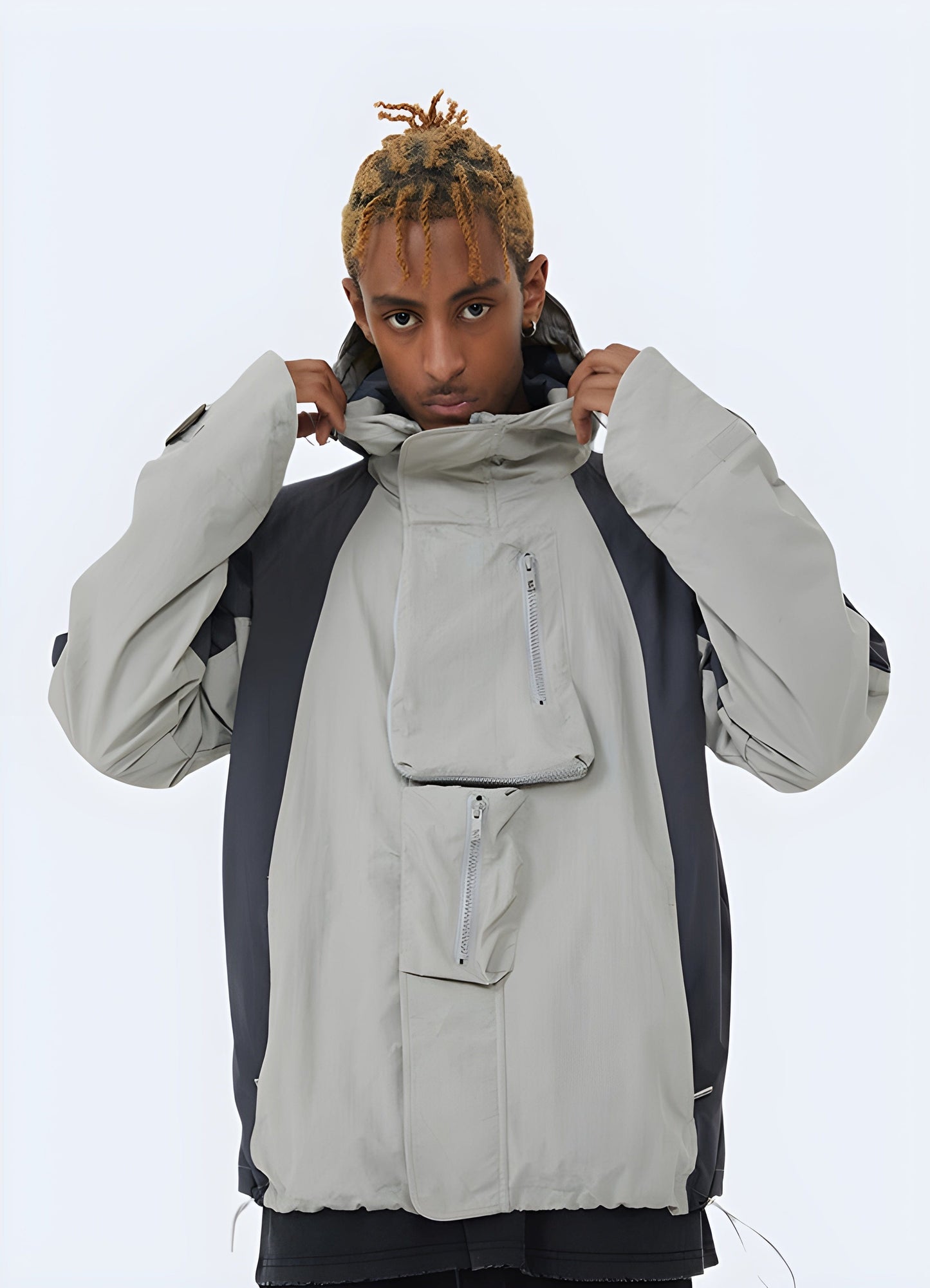 Front view of a streetwear windbreaker jacket, showcasing its modern aesthetics, vibrant colors, and trendy details, perfect for style-conscious UK consumers.