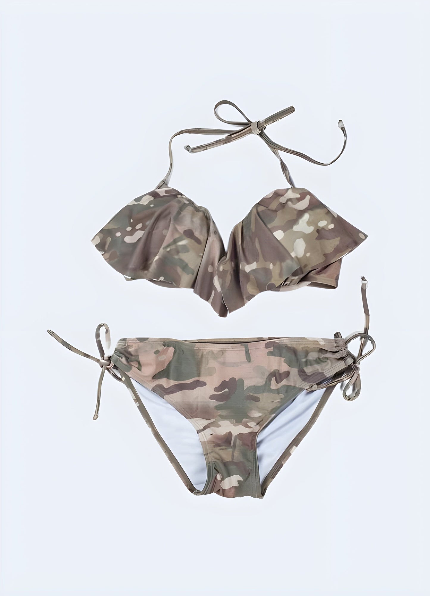 Eye-catching camouflage tactical bikini front view, combining bold fashion with rugged outdoor functionality for a unique swimwear statement.