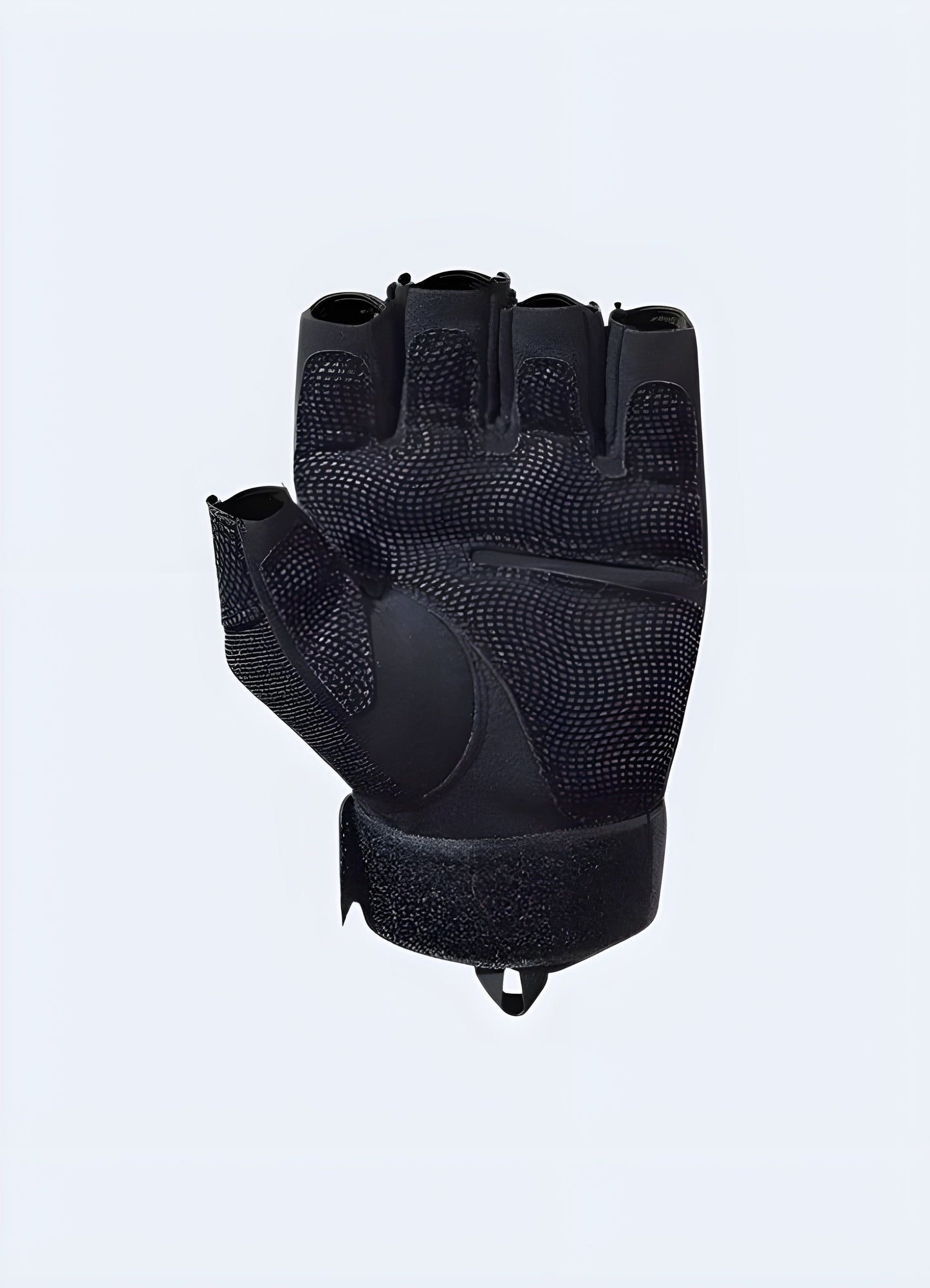 Inside view of fingerless techwear gloves highlighting the ergonomic padding and adjustable wrist strap for a secure fit.