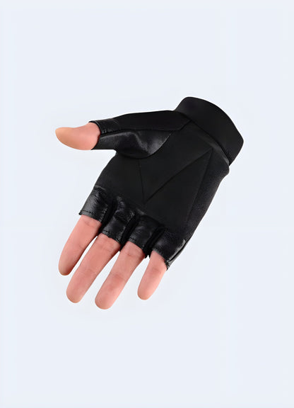 Black tactical fingerless leather gloves, front and back view, showing the reinforced knuckle protection on the front and breathable mesh on the back.