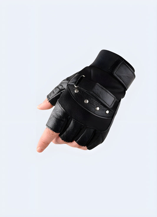 Black tactical fingerless leather gloves, front view, featuring durable leather material with reinforced padding on the palms and fingers.