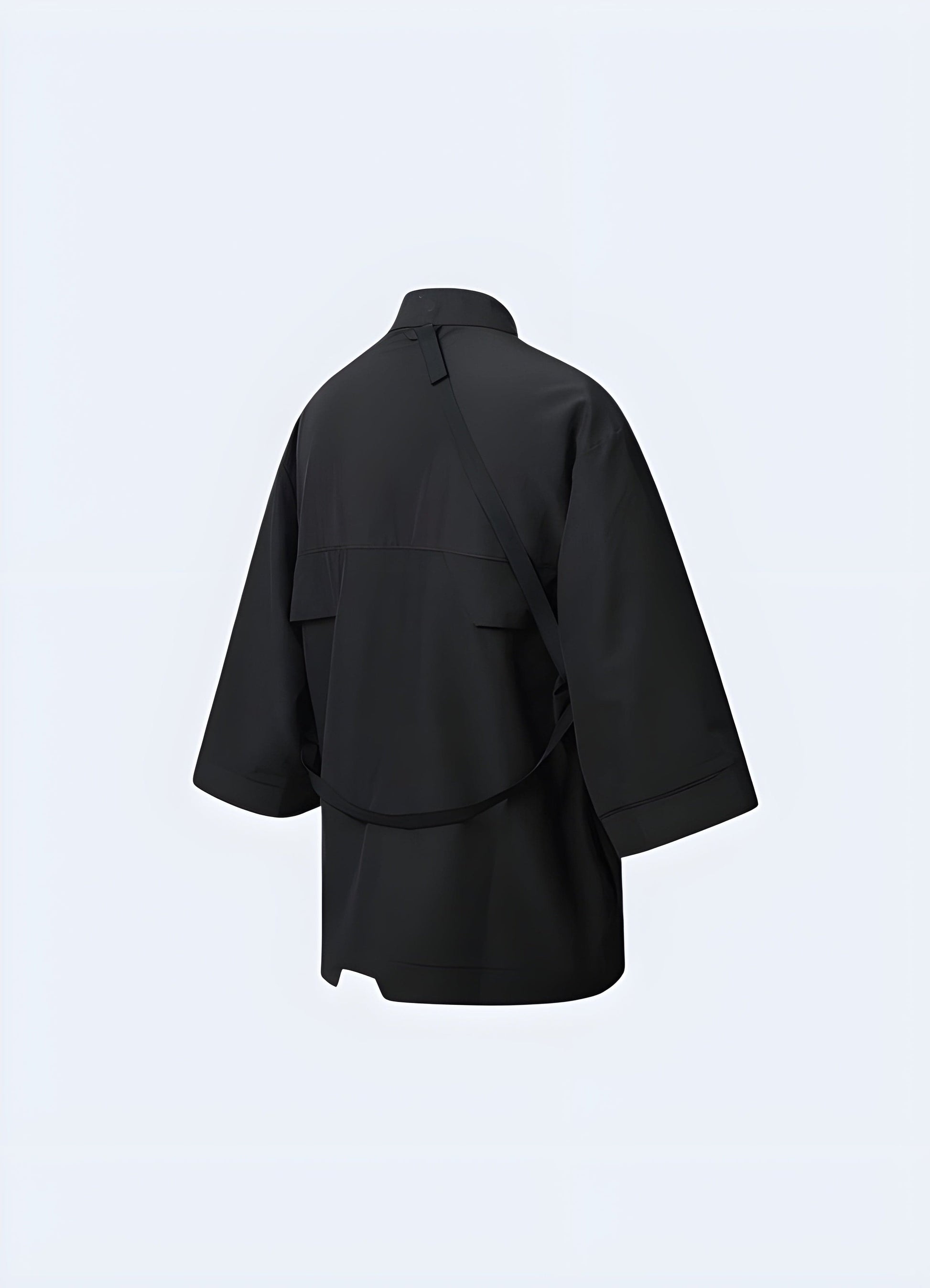 Back view of a model wearing a tactical kimono, showcasing the attention to detail and practical design, perfect for the UK individual who values both style and functionality.