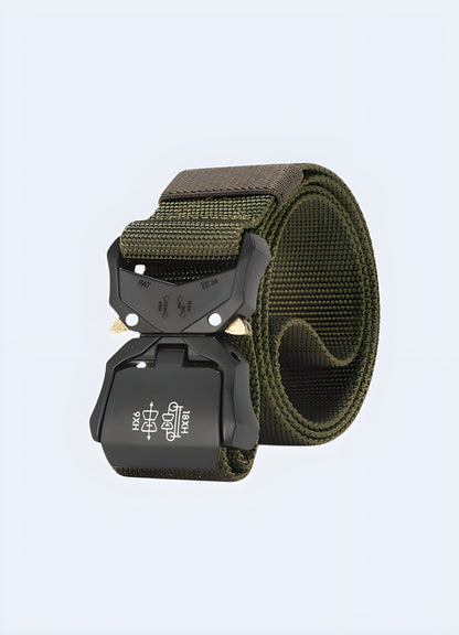 Tactical nylon belt camo pattern green front view UK.