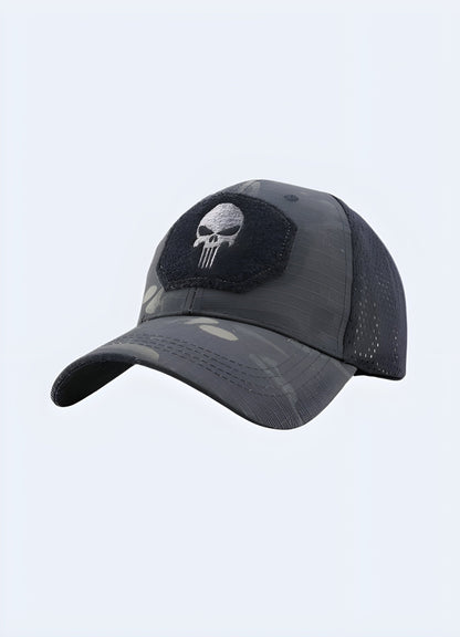 This breathable cap features a tactical skull design and fits snugly under helmets. 