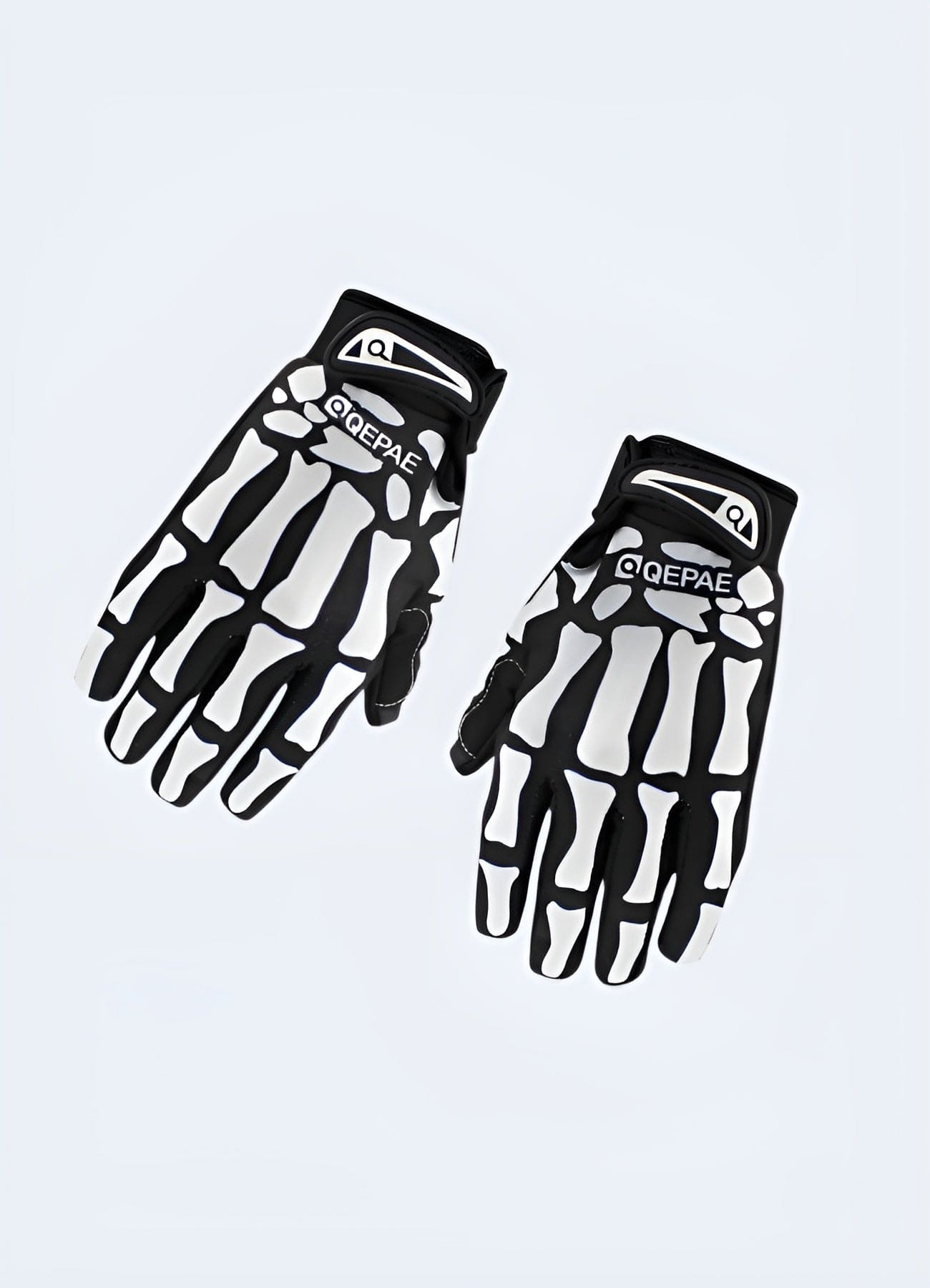 A pair of black tactical gloves featuring a skull design on the back of the hands. The gloves appear to be made from durable material suitable for combat or tactical use.