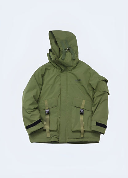 Front view of a tailored-fit green techwear jacket, emphasizing its innovative construction and streamlined aesthetics, perfect for fashion-savvy UK customers seeking a functional and stylish outerwear solution.