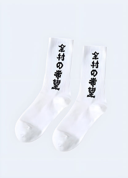 Traditional artwork inspired design tech cotton crew socks white UK.