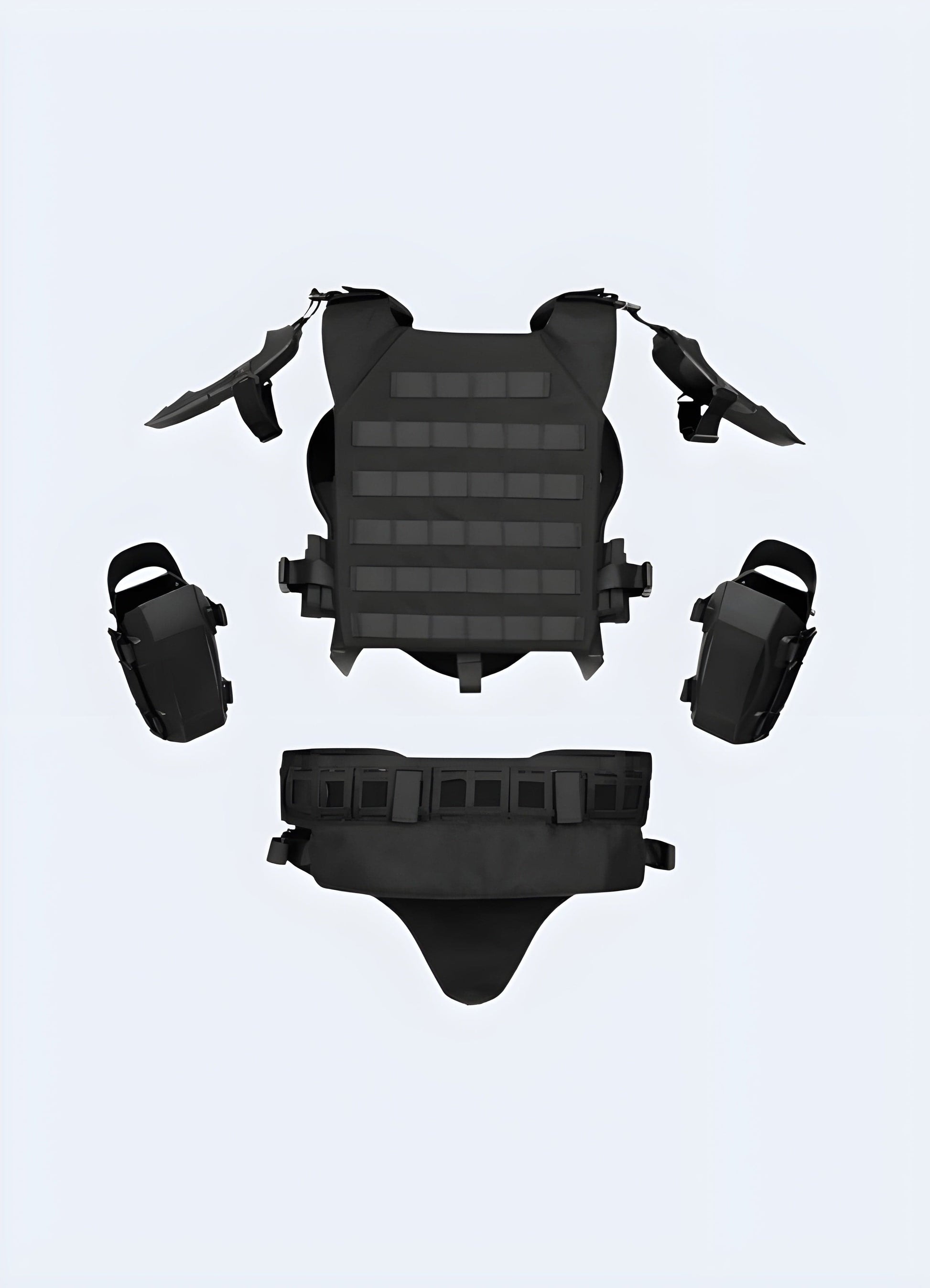 Rear view of a model wearing a black techwear armor vest featuring a sleek, futuristic design, numerous storage compartments, and adjustable fit for a cutting-edge look.