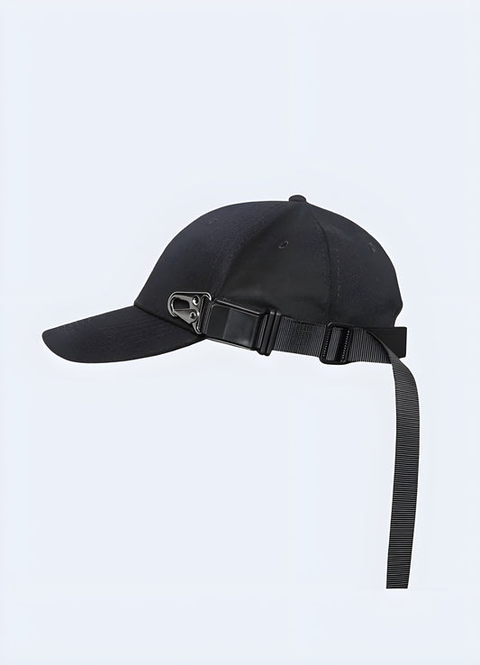 Close-up of a techwear baseball cap showcasing its sleek design, popular in the UK. Ideal for urban and outdoor activities.