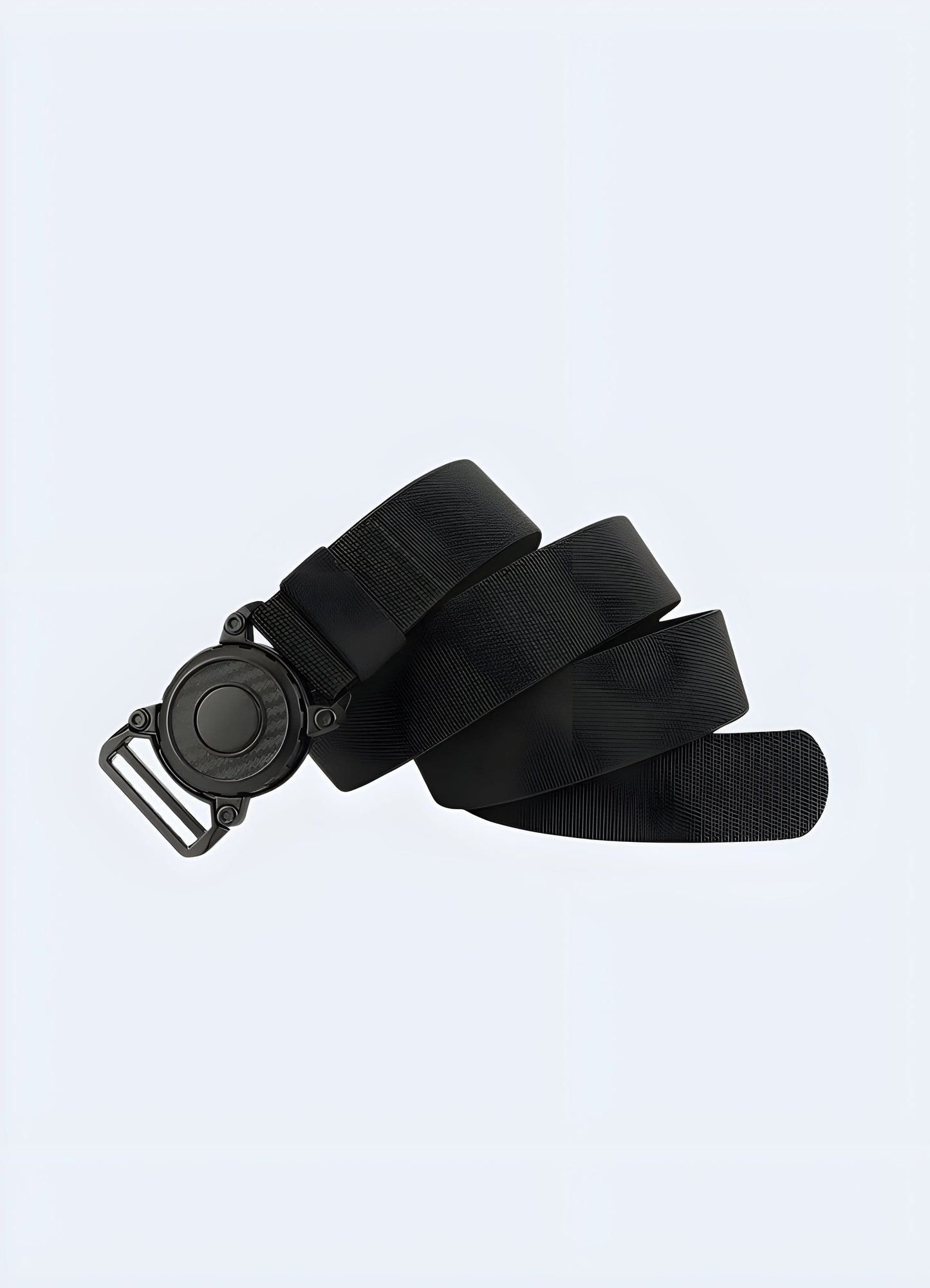 Front view of a techwear belt with a round buckle. This perspective emphasizes the buckle's unique shape and the belt's overall aesthetic, perfect for a trendy and practical look.