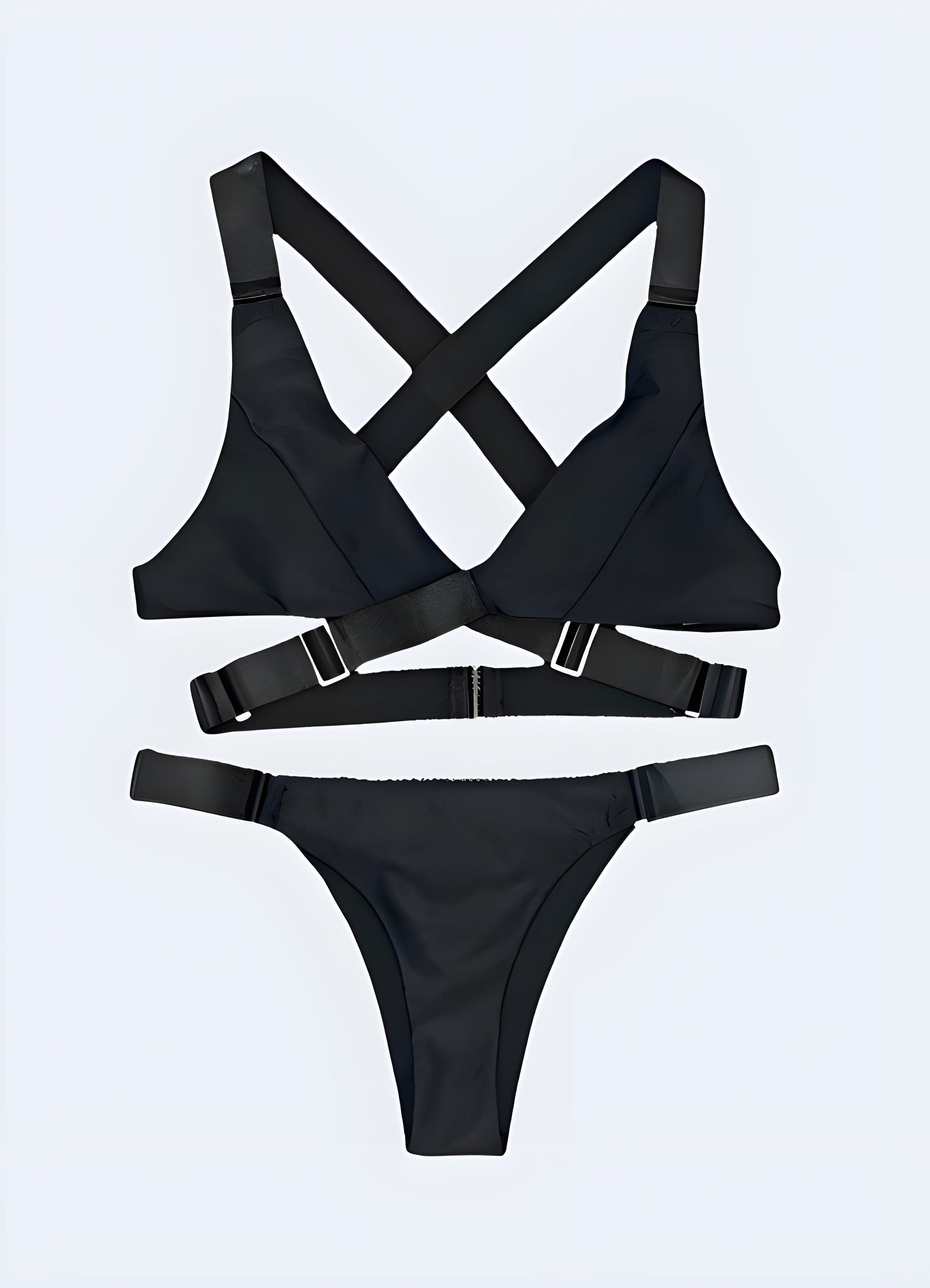 Sleek black techwear bikini with futuristic design, perfect for edgy summer style.