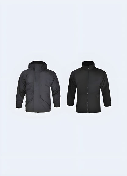 Front and  side view of a black techwear gorpcore rain jacket, showcasing its sleek silhouette, functional features, and modern aesthetics, perfect for style-conscious UK consumers seeking a reliable and trendy outerwear solution.