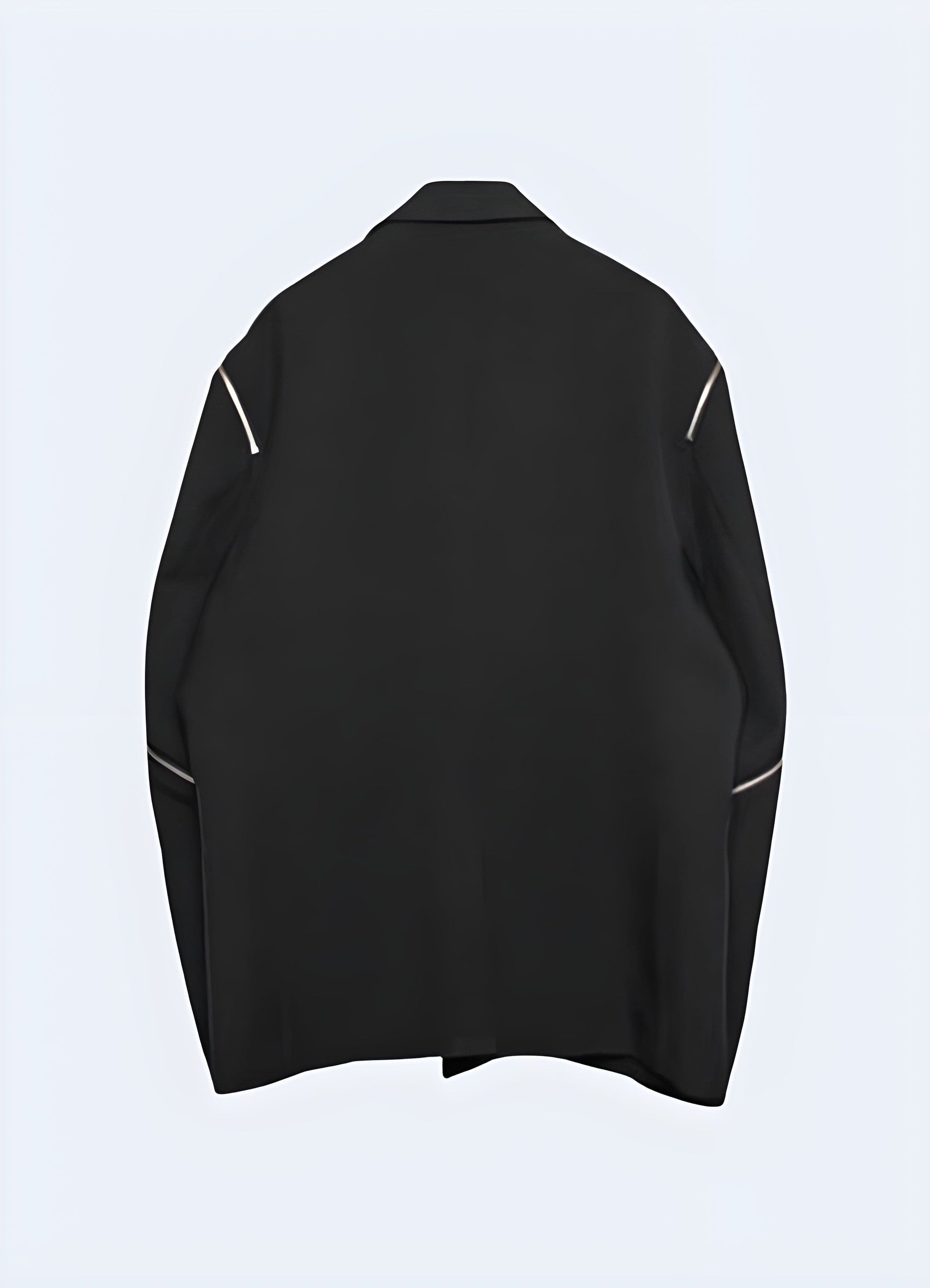 Back view of a techwear blazer, emphasizing its streamlined fit and cutting-edge aesthetics, designed for fashion-forward UK consumers looking to elevate their style.