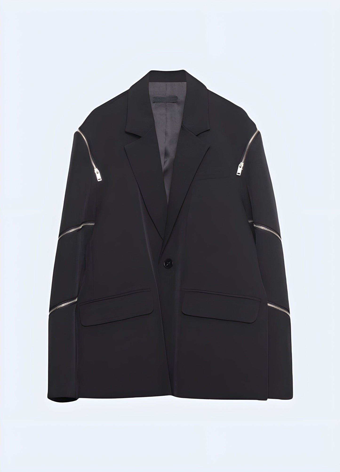 Front view of a techwear blazer, showcasing its sleek silhouette and high-tech features, perfect for UK professionals seeking a modern and functional wardrobe staple.