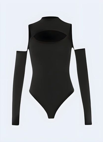 Sleek black techwear bodysuit with futuristic design, perfect for urban exploration and everyday wear in the UK.