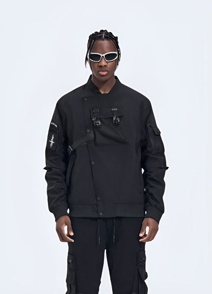 Front view of a comfortable black techwear bomber jacket, ideal for a stylish and high-tech look.