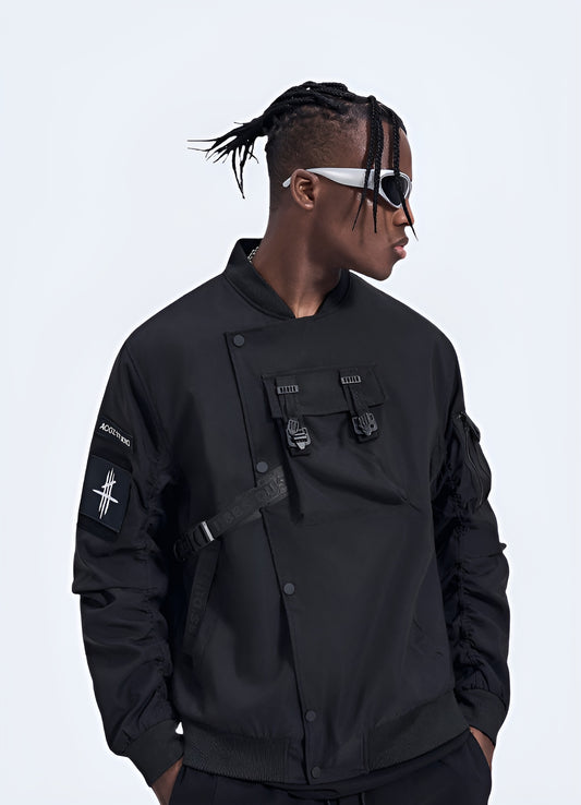 Cutting-edge techwear bomber jacket with innovative features, perfect for urban fashion enthusiasts in the UK.