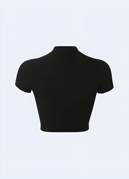 Back view of a techwear buckle crop top, emphasizing its sleek lines and attention to detail for women embracing cutting-edge style in the UK.