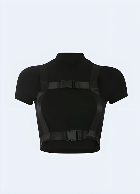 Front view of a techwear buckle crop top, highlighting its innovative design and high-quality materials for a standout fashion statement in the UK urban scene.