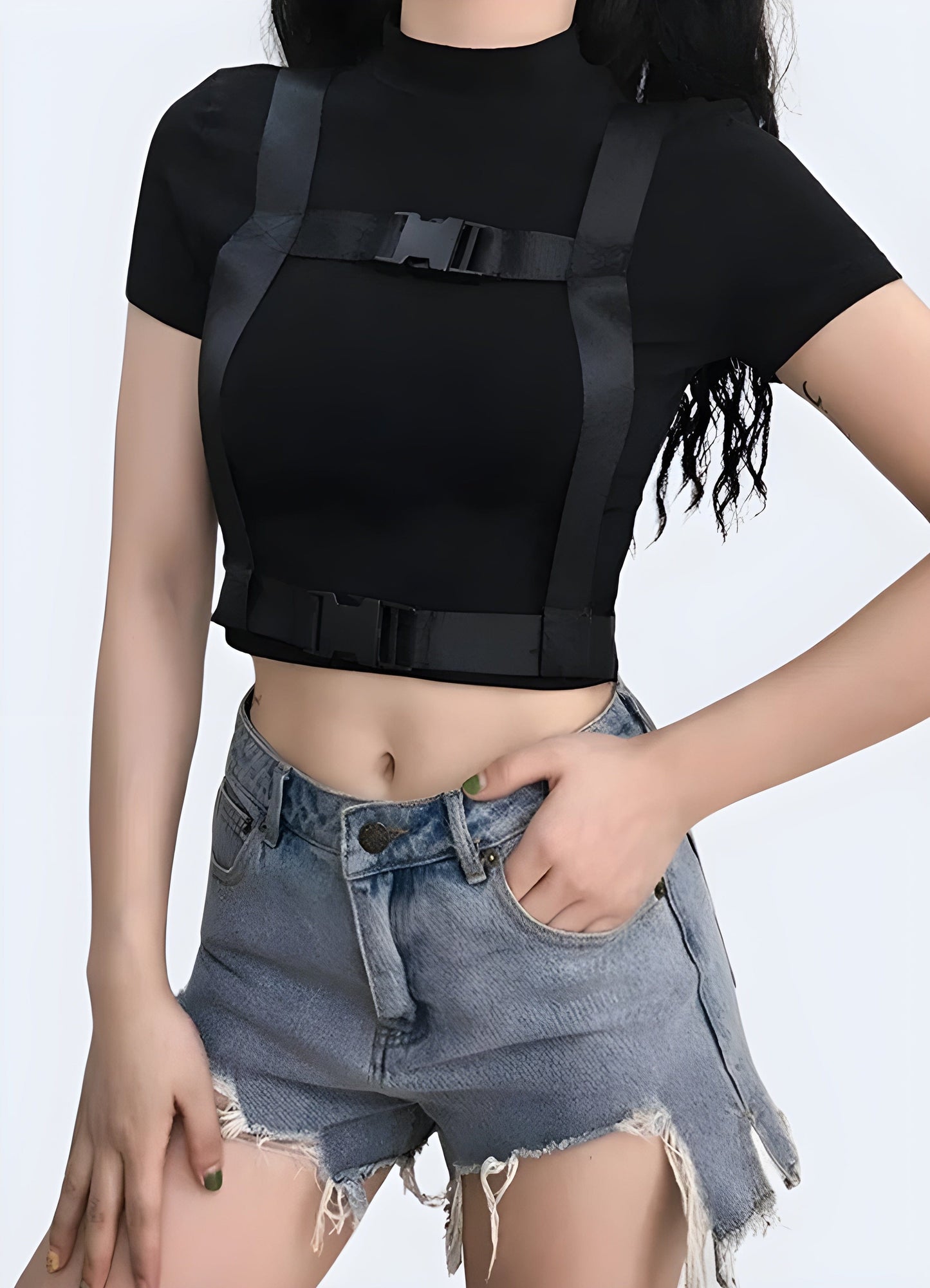 Stylish techwear buckle crop top, featuring a unique buckle design for a fashionable and edgy look in the UK.