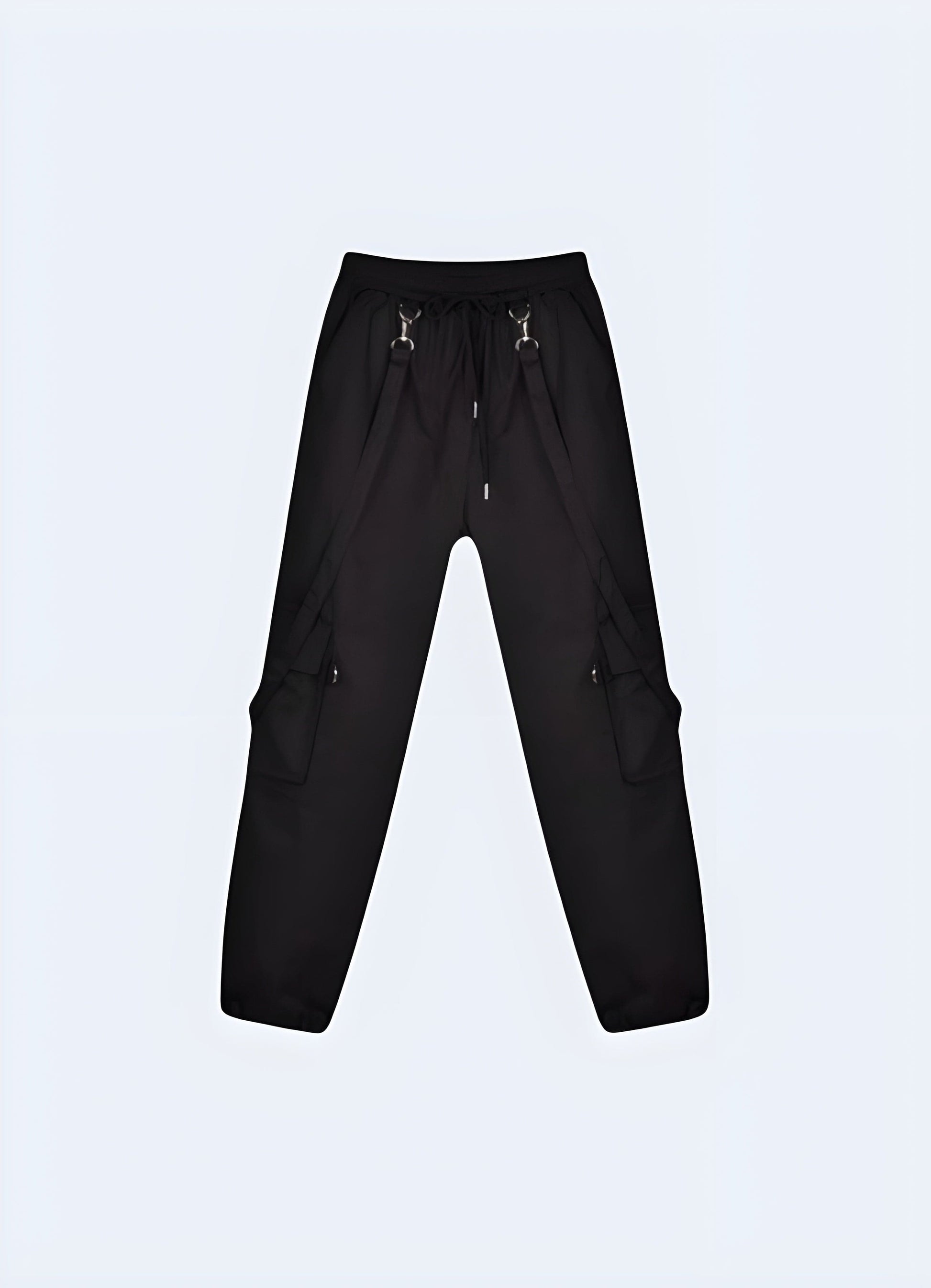 Front view of techwear cargo pants with straps for women, showcasing the unique design and practical features that appeal to UK fashion enthusiasts.