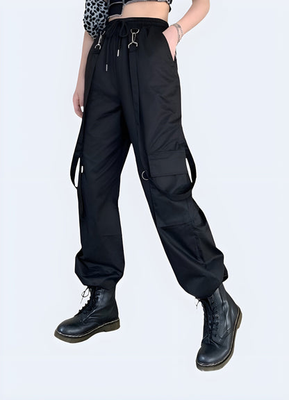 Stylish and functional techwear cargo pants with straps for women, perfect for urban exploration and fashion-forward looks in the UK.