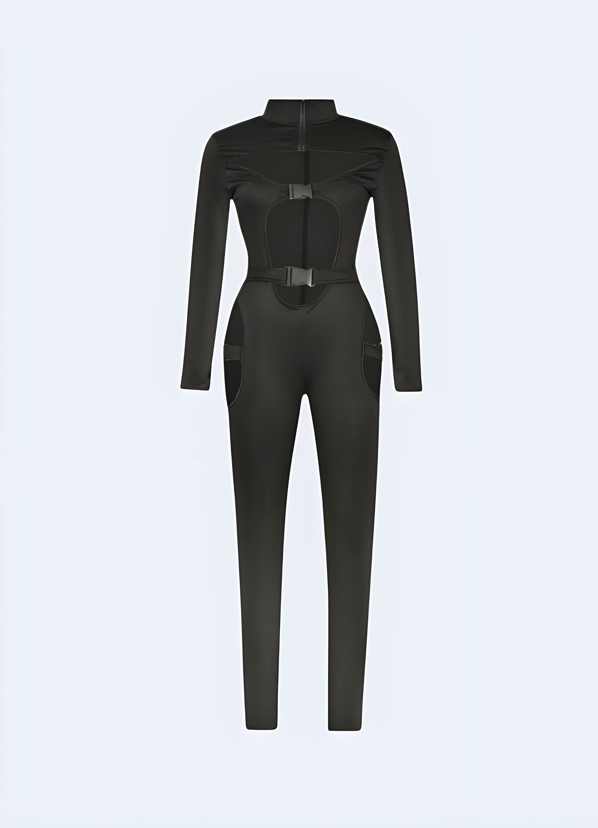 Sleek black techwear catsuit with innovative design features, ideal for UK urban explorers and fashion-forward individuals.