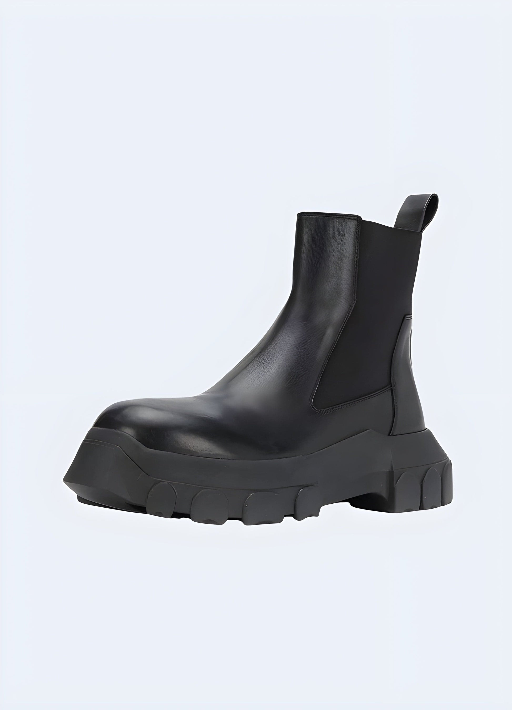 Front side view of techwear Chelsea boots, showcasing their streamlined design and advanced materials, perfect for UK fashion and functionality.