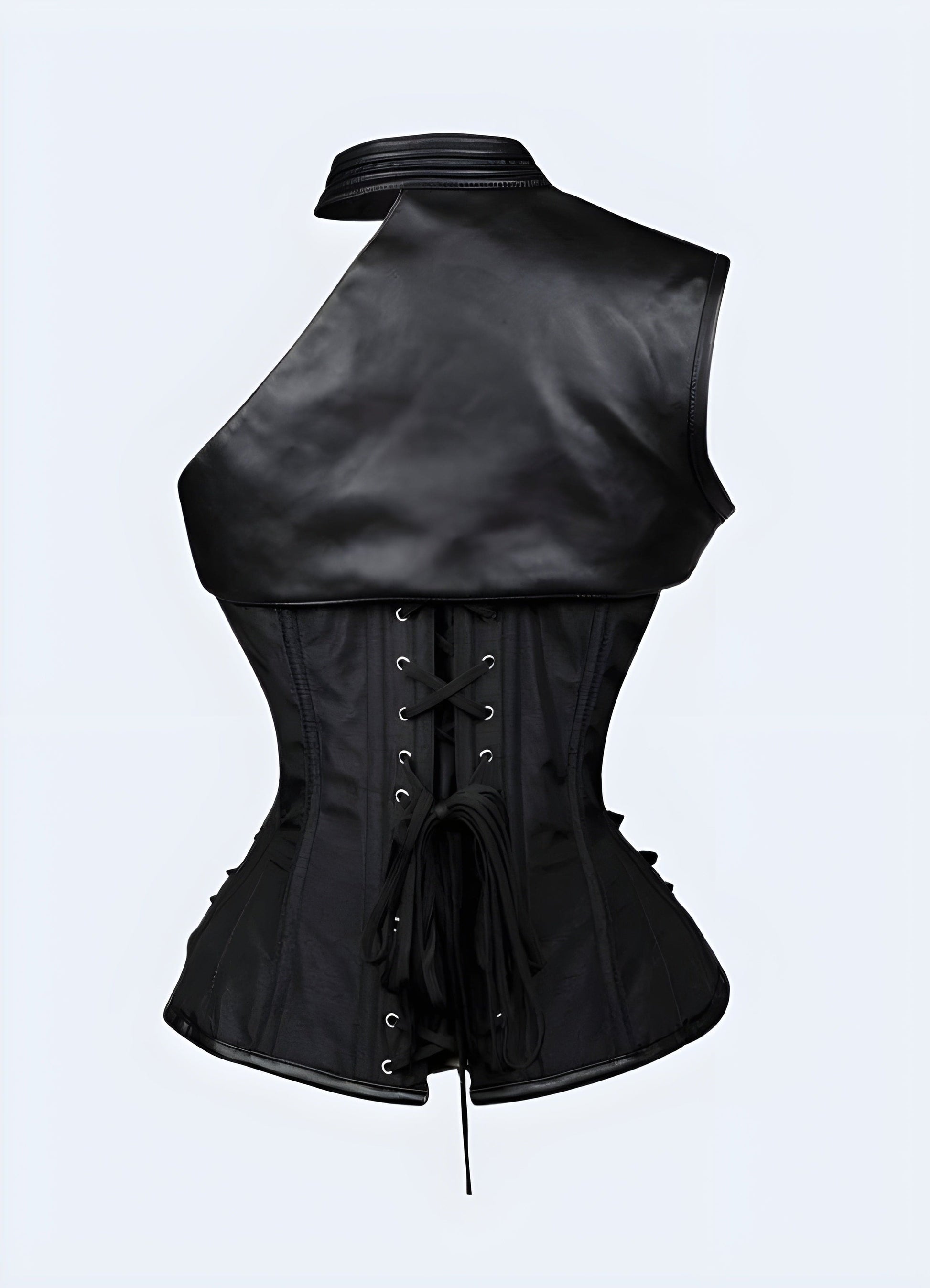 Back view of a stylish techwear corset, highlighting its distinctive tech-inspired elements and contemporary appeal for UK techwear fans.