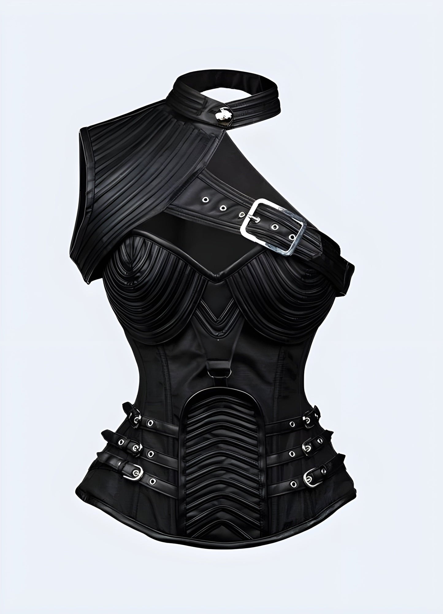 Innovative black techwear corset with unique design features, perfect for UK fashion enthusiasts seeking cutting-edge urban wear.