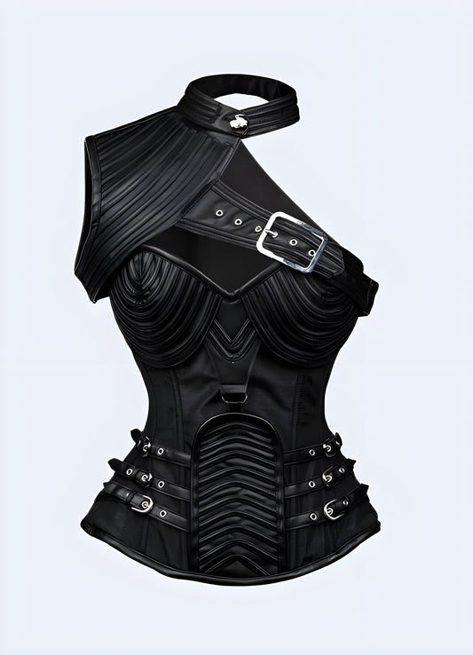 Innovative black techwear corset with unique design features, perfect for UK fashion enthusiasts seeking cutting-edge urban wear.