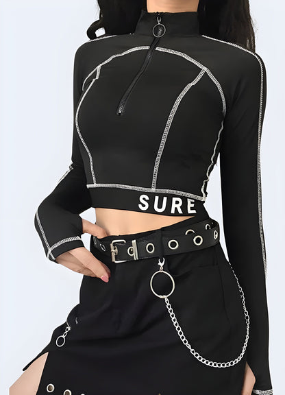 Front view of a cutting-edge techwear crop top, highlighting its modern aesthetics, photographed in the UK.