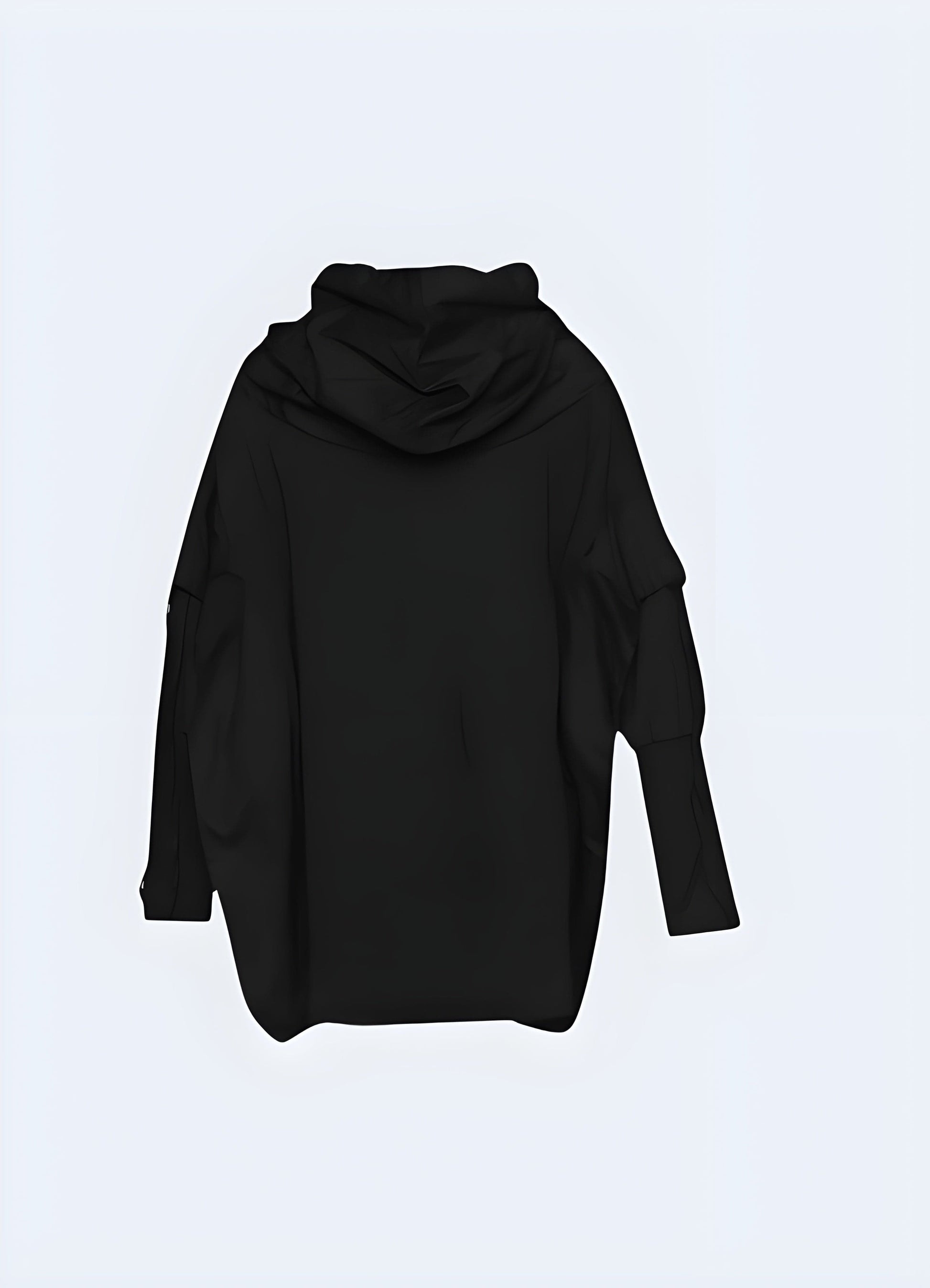 Back view of an edgy techwear dark hoodie, highlighting its unique features and style in the UK.