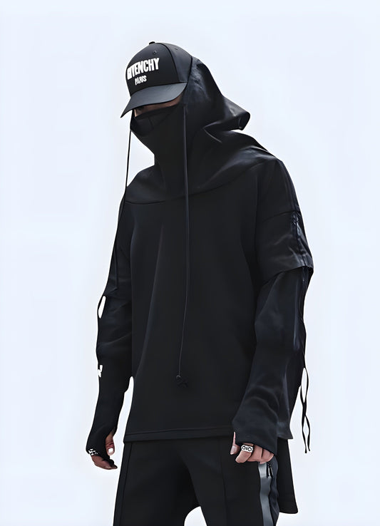 Sleek and modern techwear dark hoodie, perfect for urban fashion enthusiasts in the UK.