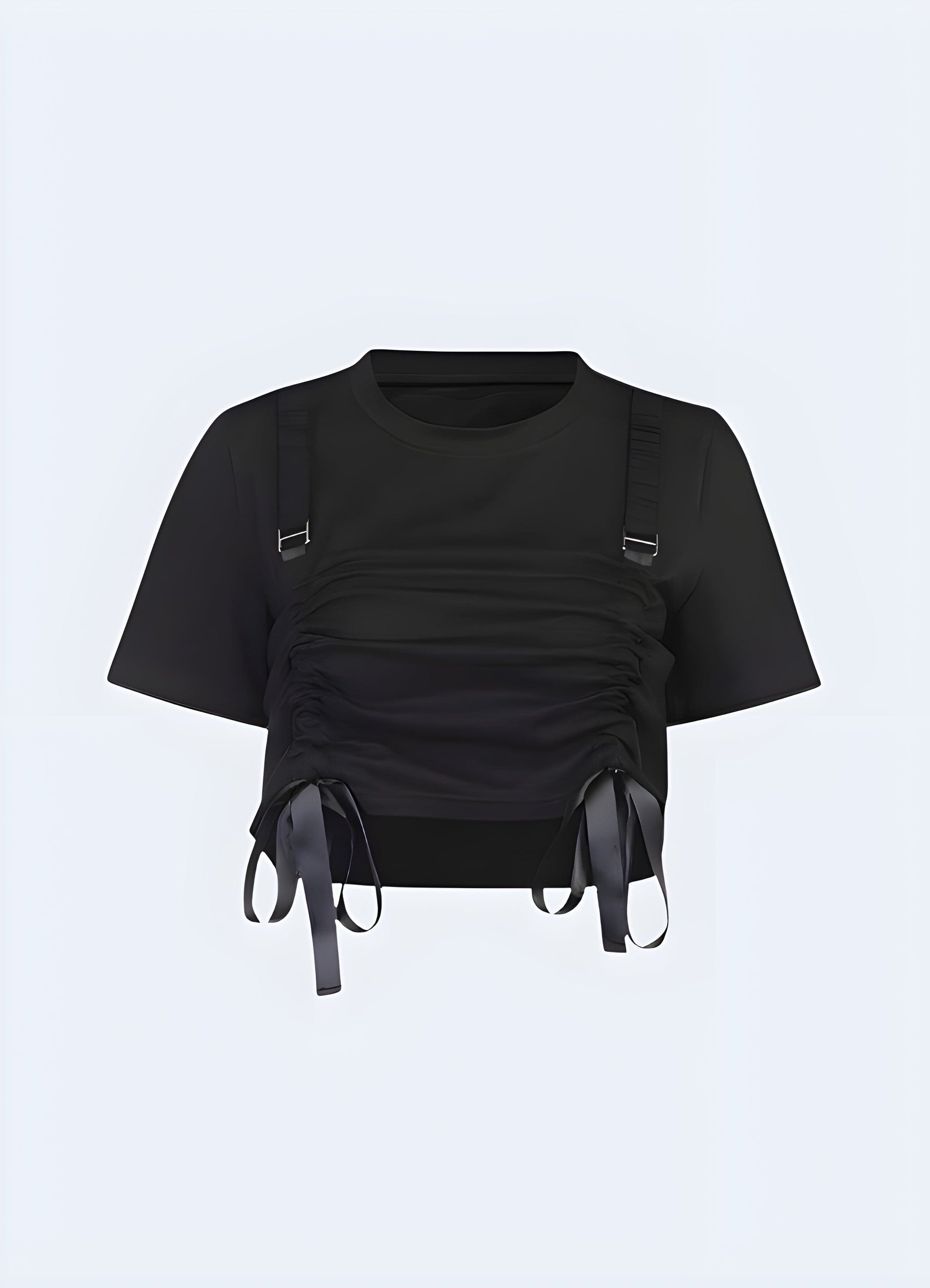 Front side view of a woman sporting a techwear drawstring crop top, emphasizing its versatile style and practical drawstring feature for comfort and adaptability in the UK urban landscape.