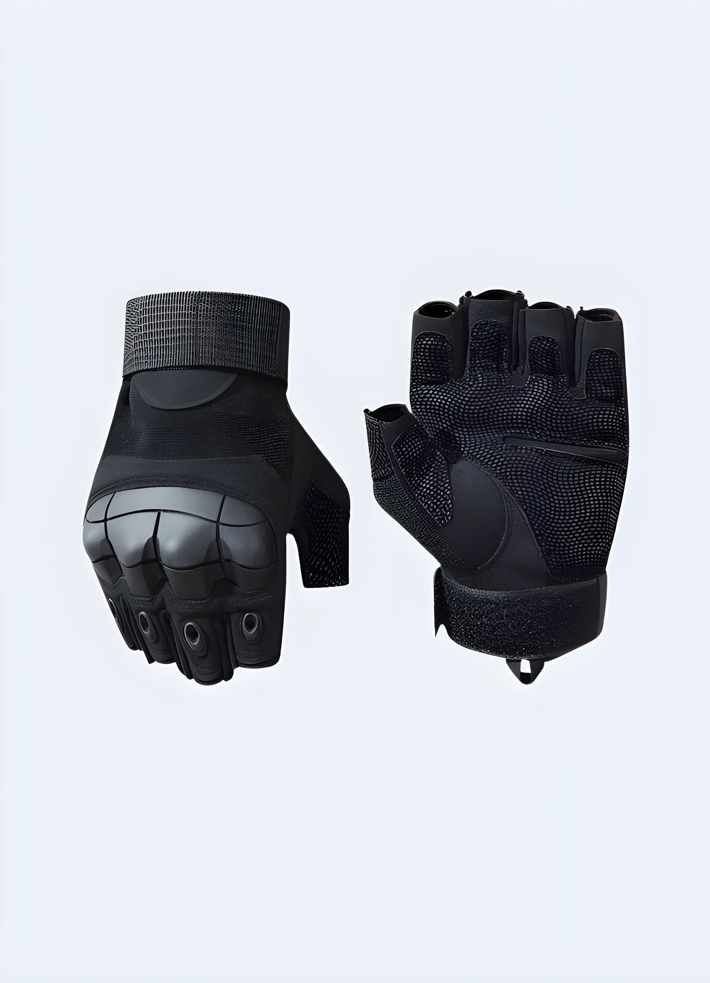 Combined front and back view of fingerless tactical gloves displaying hard knuckle protection on the back and reinforced palm for durability.