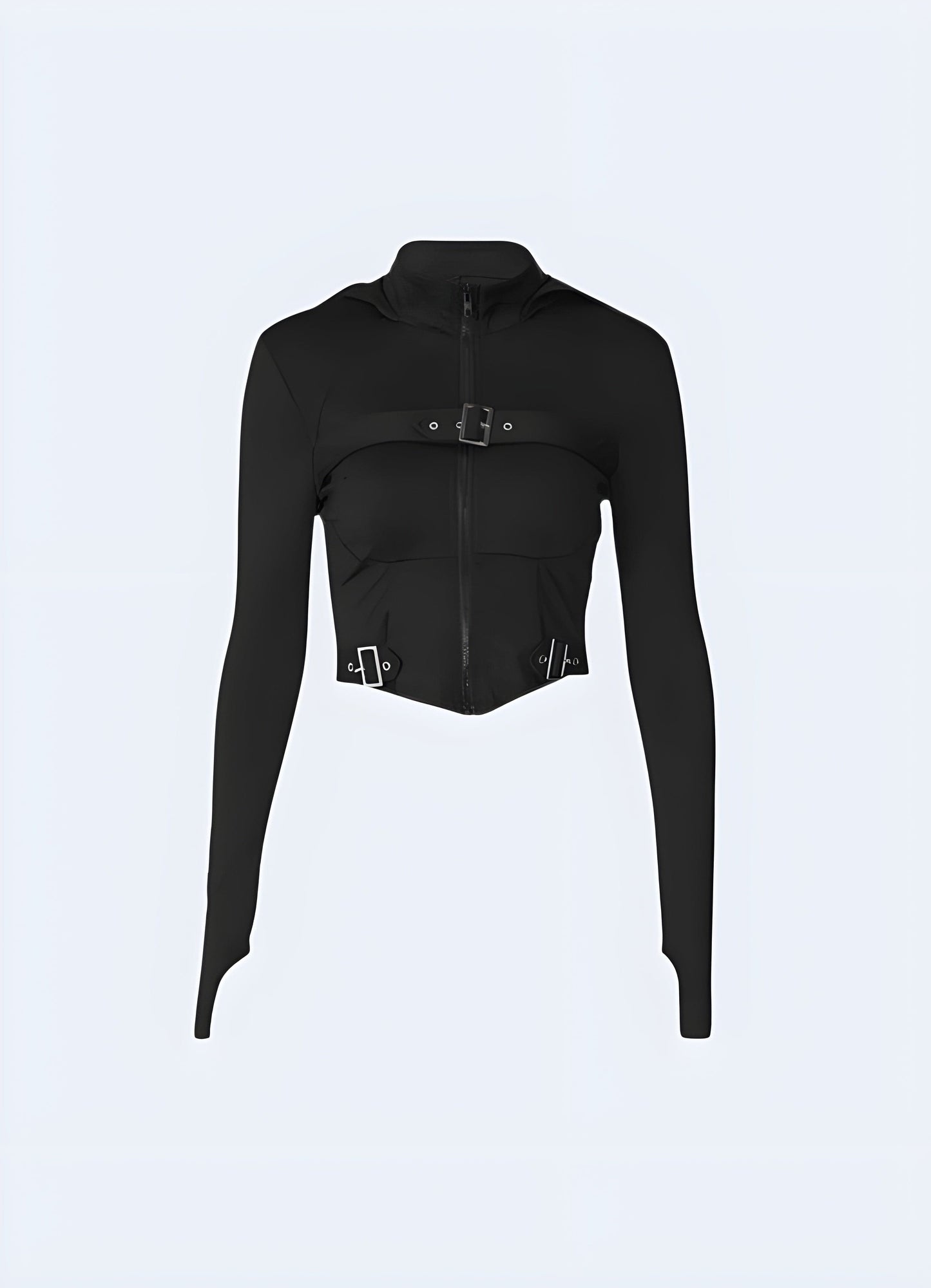 Front view of a techwear goth crop top, emphasizing its innovative materials and avant-garde style for women seeking to stand out in the UK alternative fashion scene.