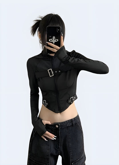 Edgy techwear goth crop top, combining dark aesthetics with modern technology for alternative fashion enthusiasts in the UK.