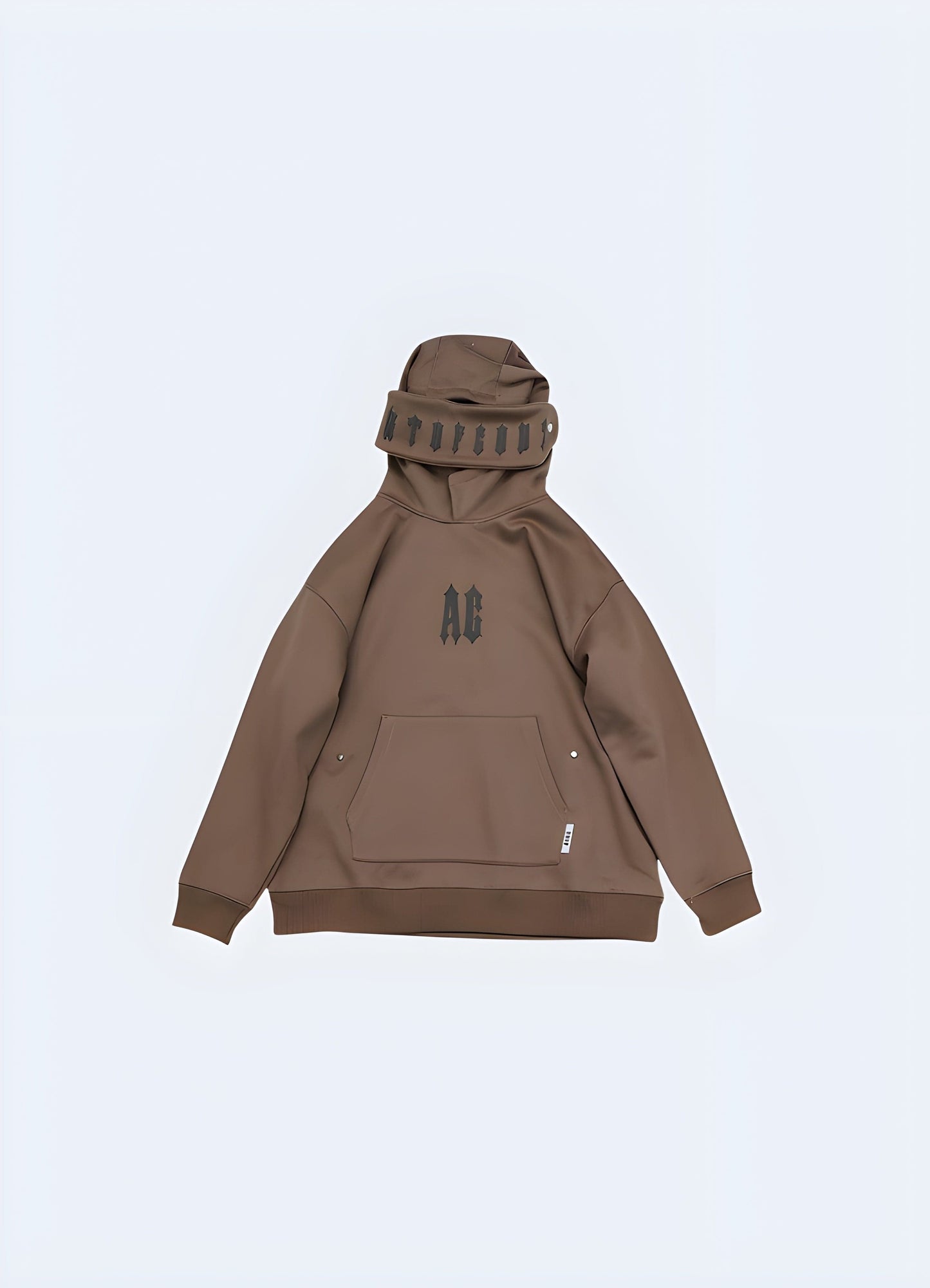 Front view of a stylish brown techwear goth hoodie, combining functionality and gothic fashion in the UK.