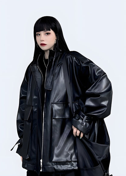 Edgy techwear gothic leather jacket, combining modern technology with a dark, mysterious aesthetic for women in the UK.