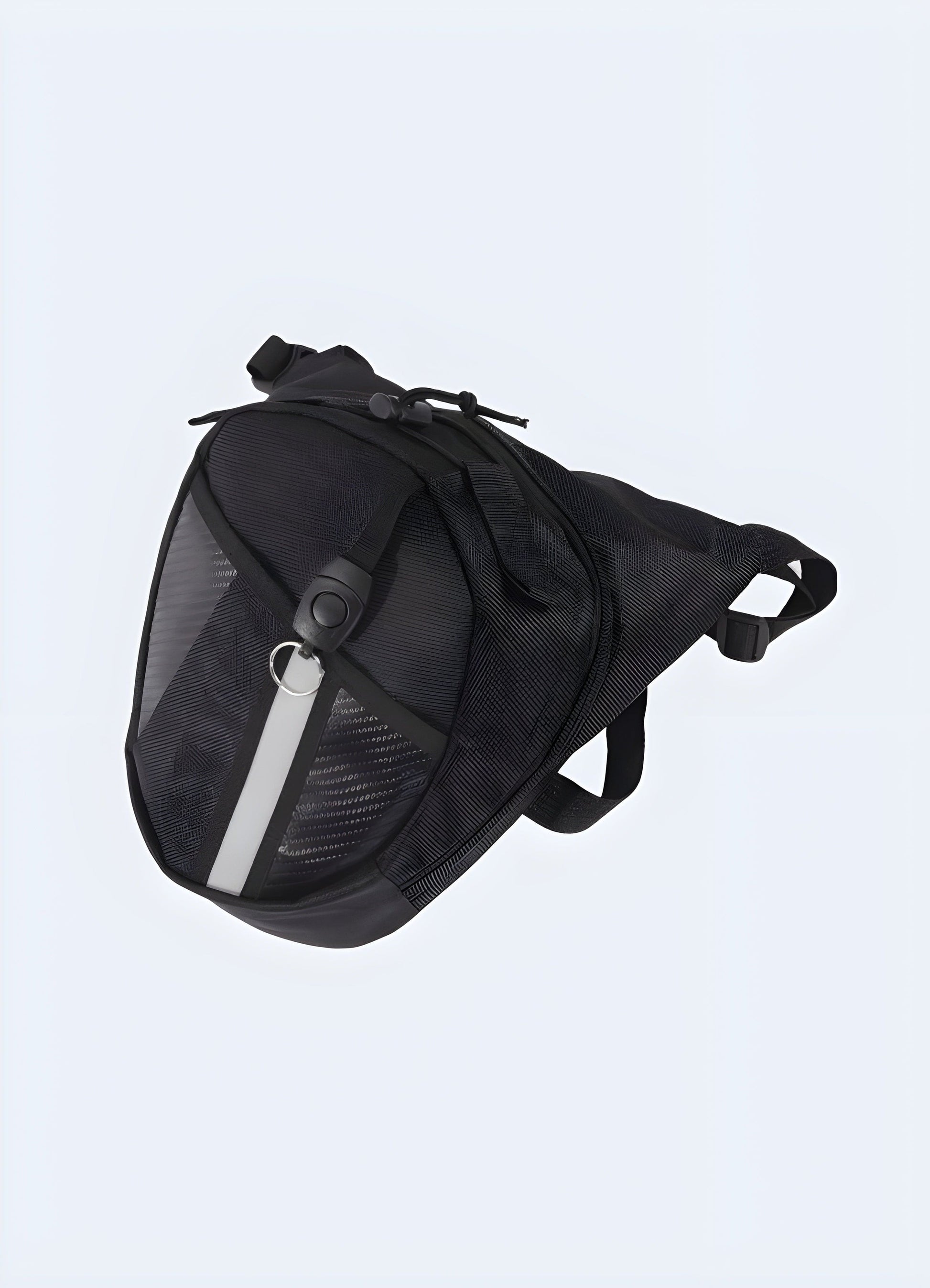 Techwear hip side bag adjustable leg strap front side view UK.