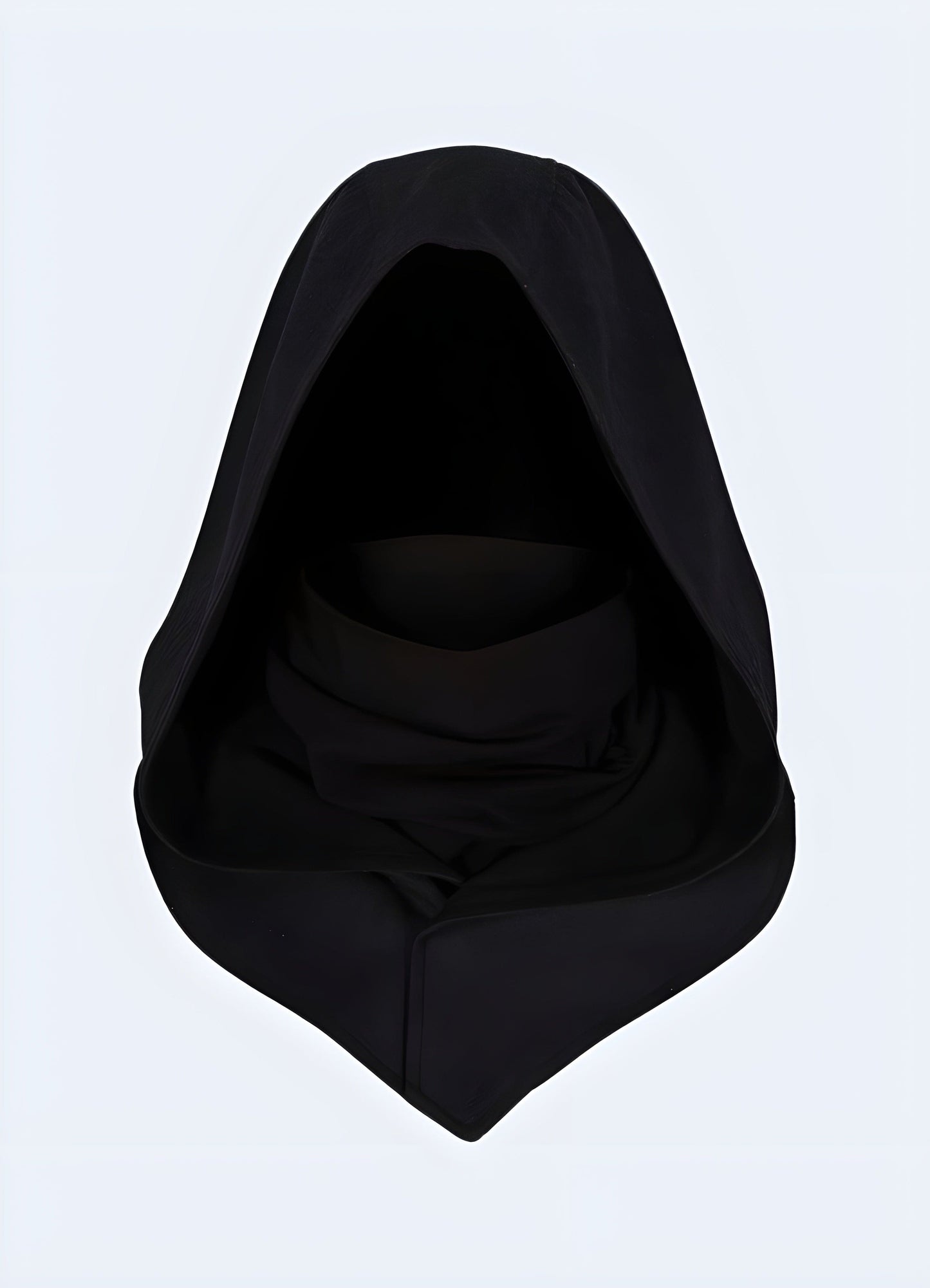 Close-up front view of a cutting-edge black techwear hood, emphasizing its technical materials and minimalist aesthetic, tailored for the UK market.