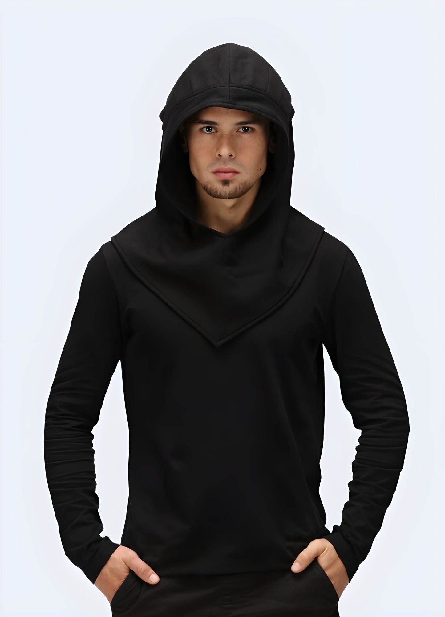 Stylish black techwear hood with adjustable strings and a sleek, modern design, perfect for urban fashion enthusiasts in the UK.