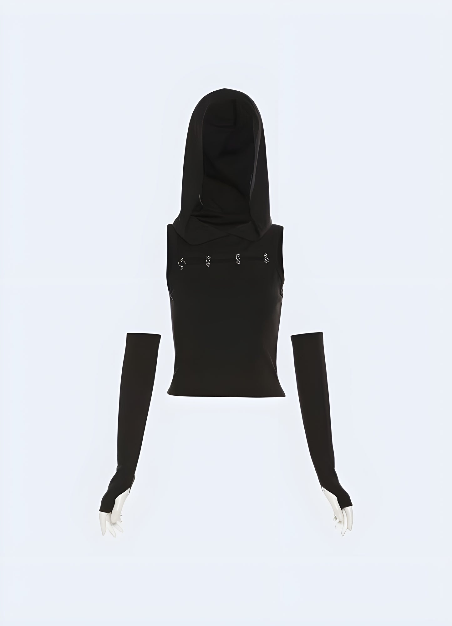 Futuristic black techwear hooded bodysuit, perfect for UK urban explorers seeking innovative and stylish apparel.