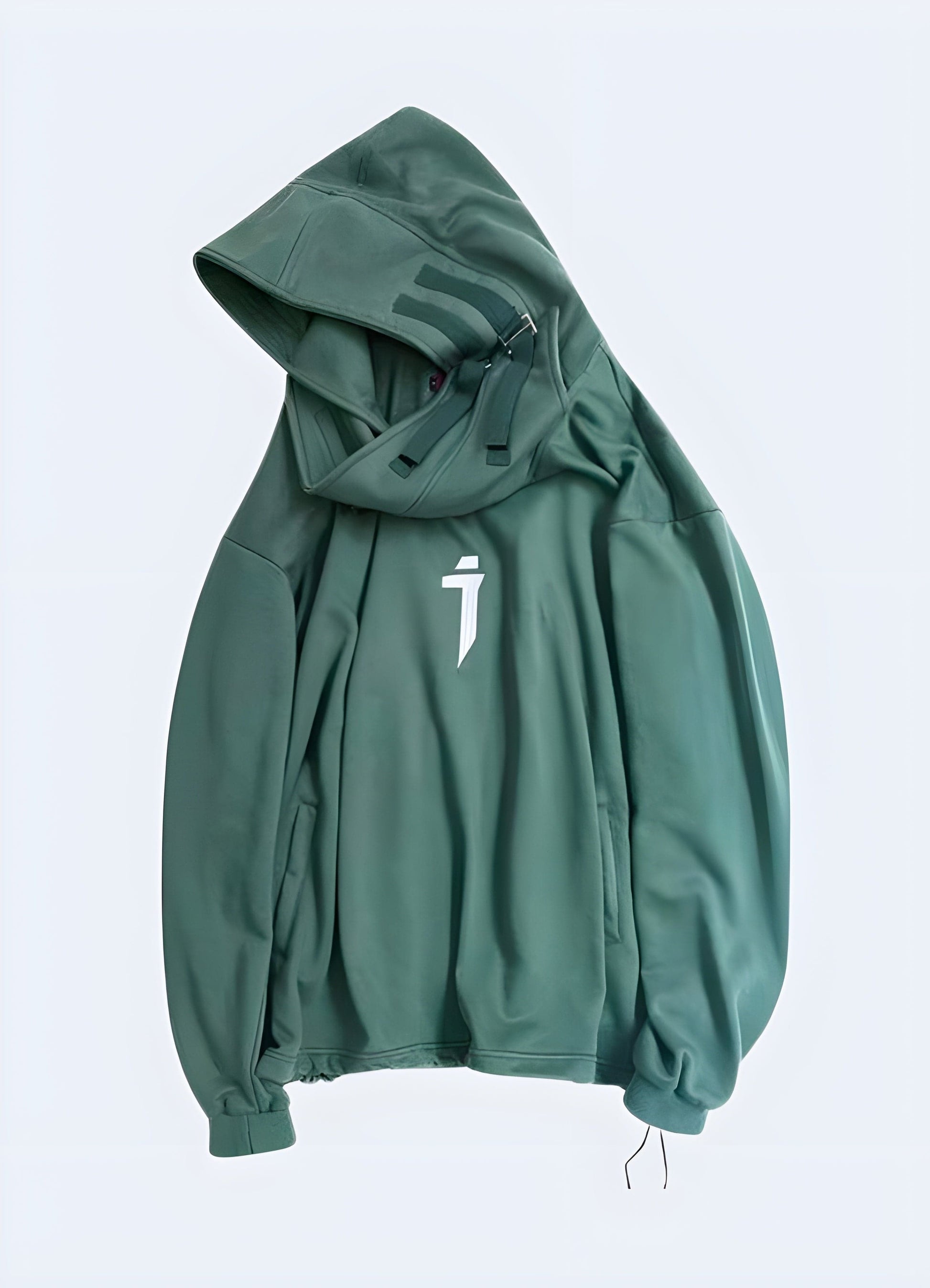 View of a women's techwear hoodie from the front, highlighting its contemporary design and practicality for the UK fashion landscape.