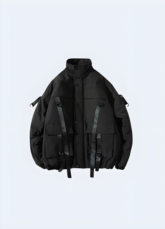 Front view of a techwear jacket with straps, showcasing its cutting-edge design and versatile features, perfect for UK's urban fashion enthusiasts seeking a standout piece.