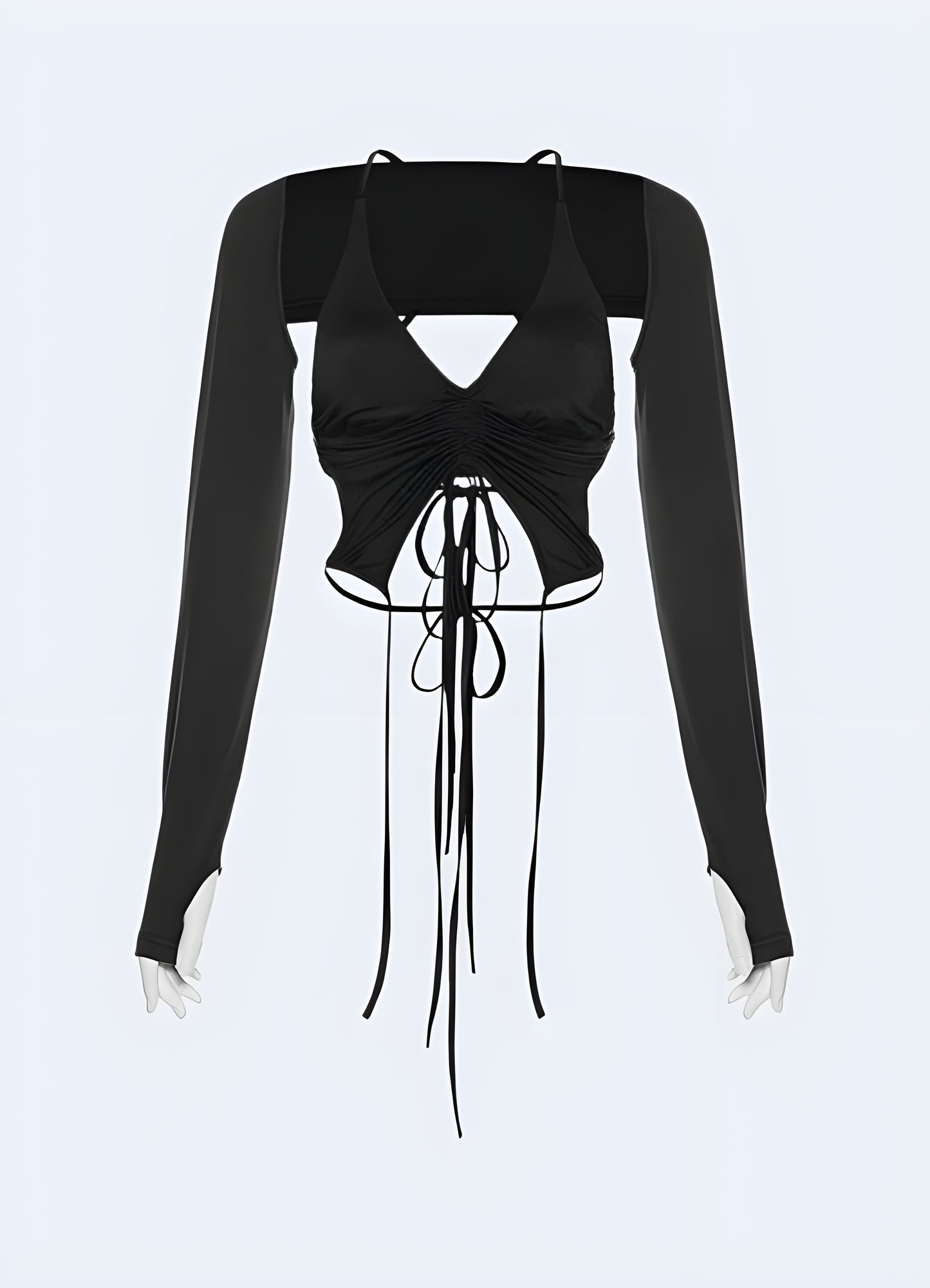 Edgy techwear lace-up crop top, combining modern style with innovative design for fashion-forward women in the UK.