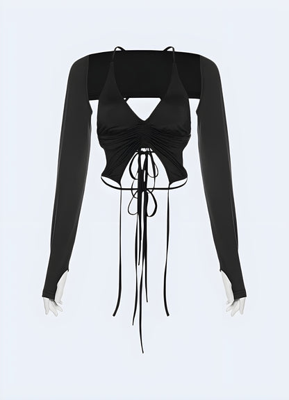 Edgy techwear lace-up crop top, combining modern style with innovative design for fashion-forward women in the UK.